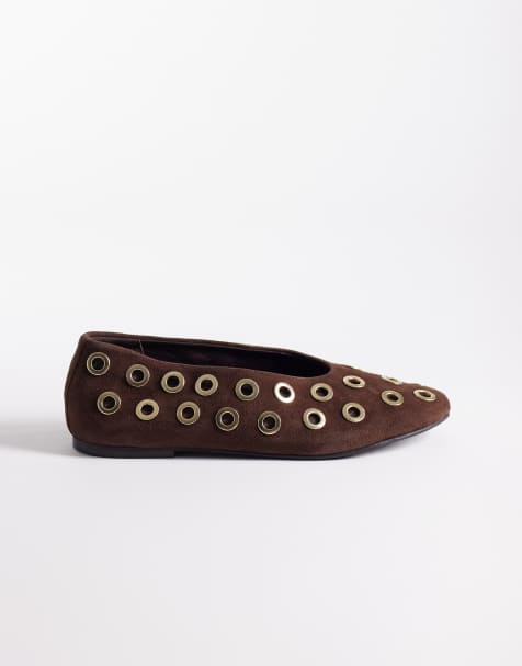 ASOS DESIGN Lock premium eyelet detail round toe ballets in chocolate suede - view 1