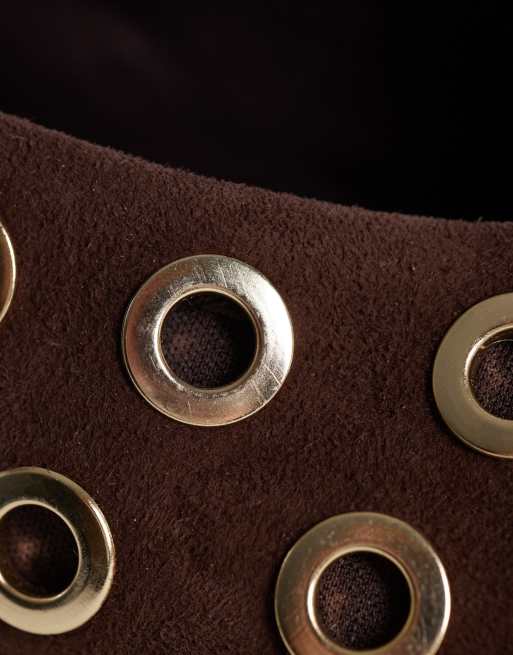 ASOS DESIGN Lock premium eyelet detail round toe ballets in chocolate suede, 4 of 4