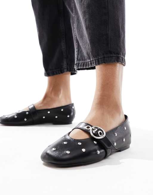 ASOS DESIGN - Locke - Mary Jane ballerina's van premium leer met studs in zwart, 3 van 4