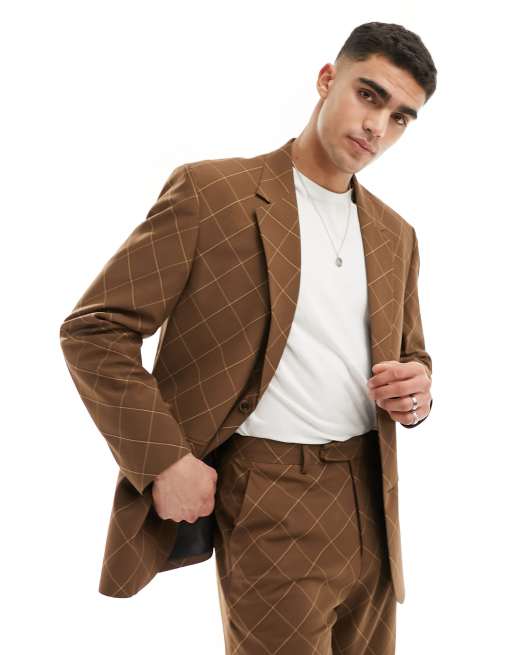 ASOS DESIGN – Locker geschnittene Anzugjacke in kariertem Braun