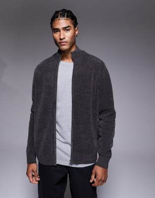 Locker geschnittene Chenille-Strickjacke in Anthrazit-Grau Grau XL