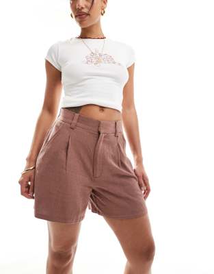 ASOS DESIGN - Locker geschnittene Dad-Shorts in Braun mit Leinenanteil-Brown