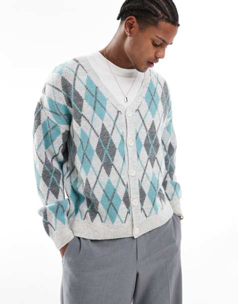 ASOS DESIGN – Locker geschnittene, flauschige Strickjacke mit Rautenmuster in Hellblau - view 1