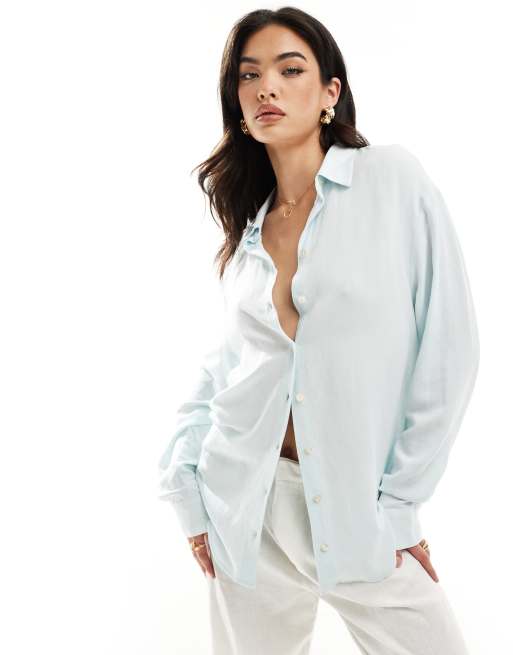 ASOS DESIGN – Locker geschnittene Hemdbluse aus Leinenmix in Hellblau