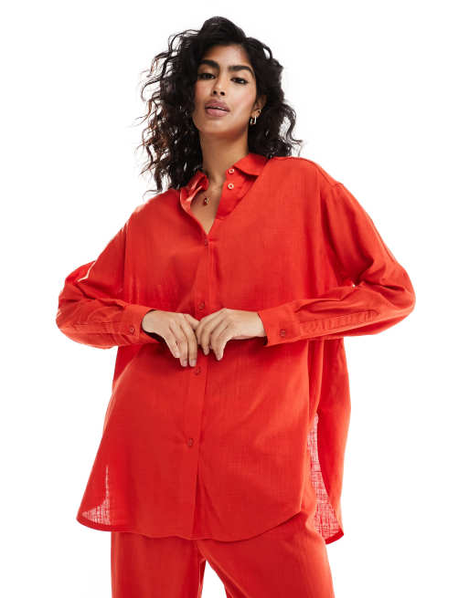 ASOS DESIGN – Locker geschnittene Hemdbluse in Rot mit Leinenanteil