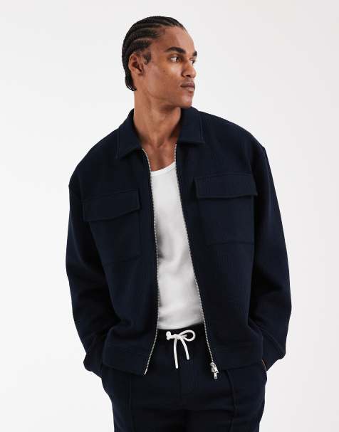 ASOS DESIGN – Locker geschnittene Jacke in Marineblau mit erhabenem Fischgrätmuster und Reißverschluss - view 1
