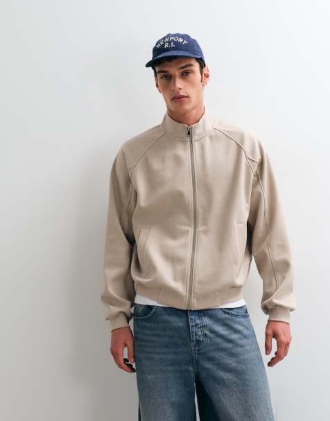 ASOS DESIGN locker geschnittene, kastige Jacke mit Struktur, Stehkragen und Reißverschluss in Hellbeige - view 1