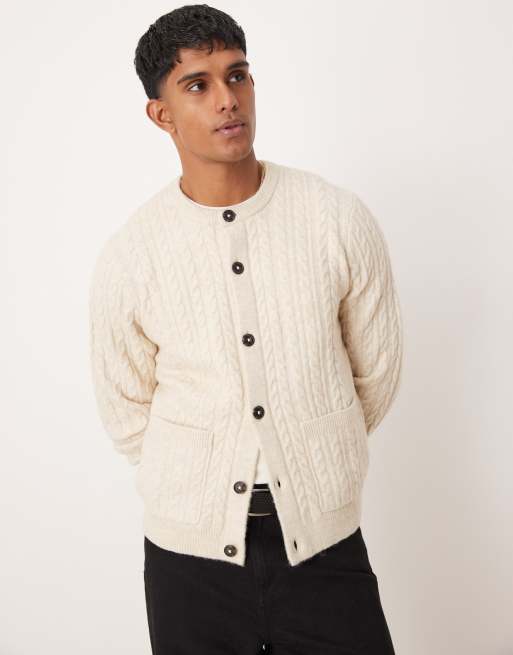 ASOS DESIGN – Locker geschnittene, kastige Strickjacke in Steinbeige mit Rundhalsausschnitt und Zopfmuster