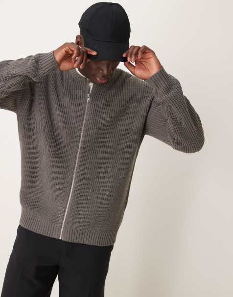 ASOS DESIGN – Locker geschnittene Strick-Bomberjacke in Grau meliert mit Reißverschluss und Patentmuster - view 1