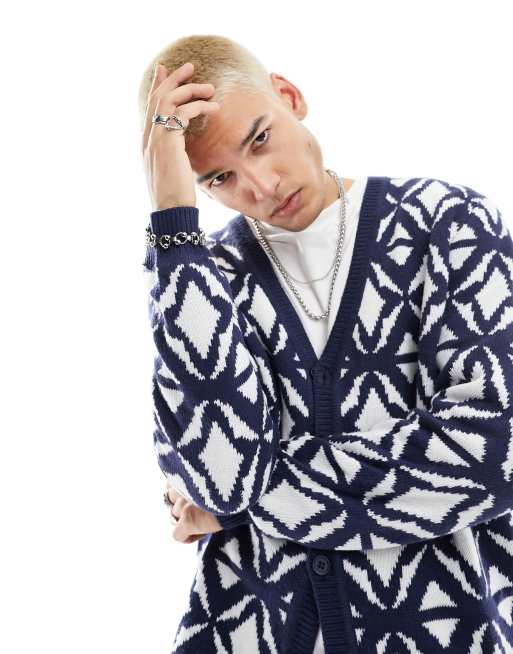ASOS DESIGN – Locker geschnittene Strickjacke in Marineblau mit Kachelmuster