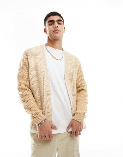 ASOS DESIGN – Locker geschnittene Strickjacke mit beigem Blockfarbendesign