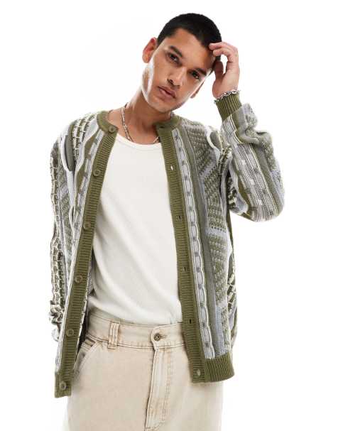 ASOS DESIGN – Locker geschnittene Strickjacke mit Rundhalsausschnitt, Zopfmuster und strukturierten grünen Streifen - view 1