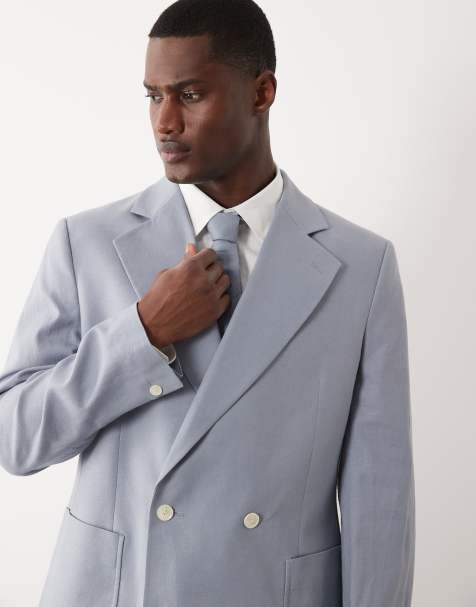 ASOS DESIGN – Locker geschnittene, zweireihige Anzugjacke in Blau mit Leinenanteil - view 1