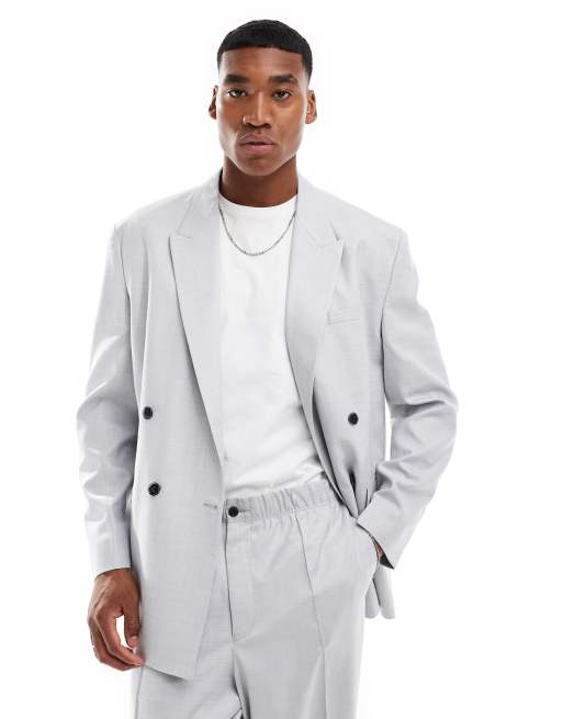 ASOS DESIGN – Locker geschnittene, zweireihige Anzugjacke in Hellgrau mit Kreuzschraffurmuster