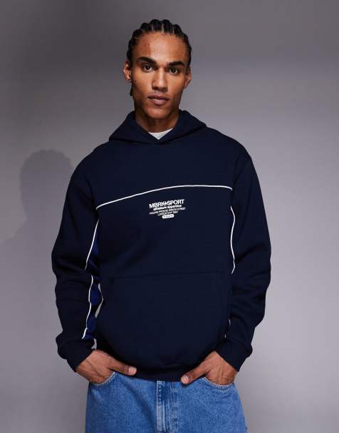 ASOS DESIGN – Locker geschnittener Kapuzenpullover in Marineblau mit Paspelierung und Print - view 1