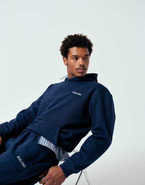 ASOS DESIGN – Locker geschnittener Kapuzenpullover in Marineblau mit Print, Kombiteil - view 1