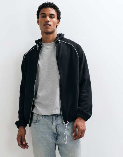ASOS DESIGN locker geschnittener Kapuzenpullover mit durchgehendem Reißverschluss, Stehkragen, Paspeln und Kordelzug in Schwarz - view 1