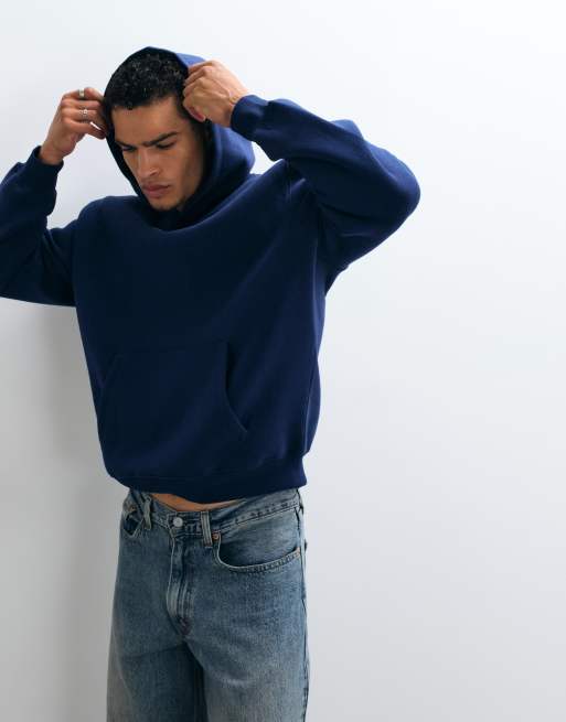ASOS DESIGN locker geschnittener Kapuzenpullover mit glänzendem High-Build-Print in Marineblau, 3 von 5