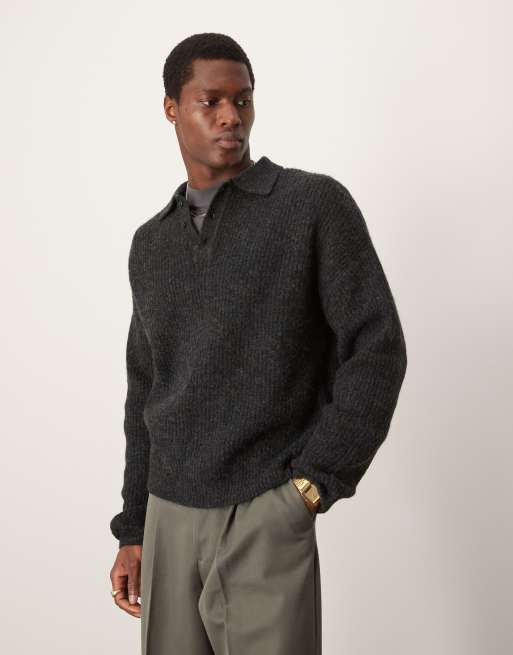 ASOS DESIGN – Locker geschnittener, kastiger, gerippter Pullover in Anthrazitgrau mit Polokragen
