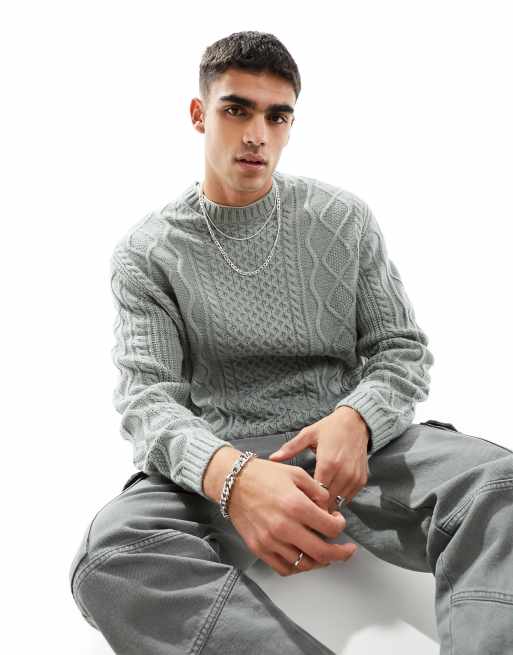 ASOS DESIGN – Locker geschnittener Oversize-Strickpullover in Grau mit Zopfmuster