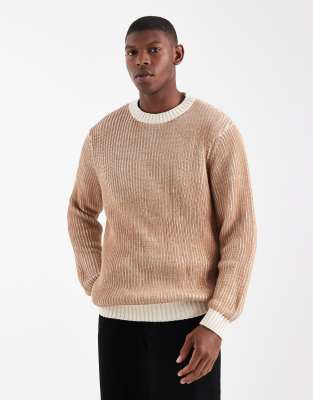 Locker geschnittener Pullover aus plattiertem Rippstrick in Steinbeige mit Rundhalsausschnitt-Neutral Neutral XL