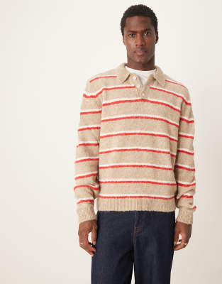 ASOS DESIGN – Locker geschnittener Pullover in Steinbeige gestreift aus strukturiertem Schnitt mit kastigem Schnitt und Polokragen - view 1