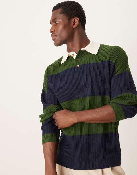 ASOS DESIGN – Locker geschnittener Rugby-Strickpolo in Grün und Marineblau gestreift - view 1