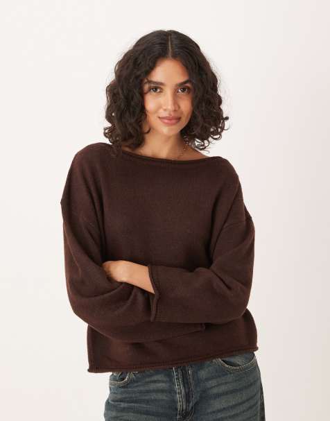 ASOS DESIGN – Locker geschnittener, schulterfreier Pullover in Schokobraun - view 1