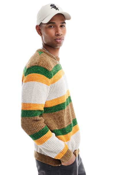 ASOS DESIGN – Locker geschnittener Strickpullover aus Chenille mit orangefarbenen Streifen - view 1