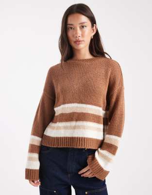 ASOS DESIGN - Locker geschnittener Strickpullover in Beige mit Streifen-Neutral
