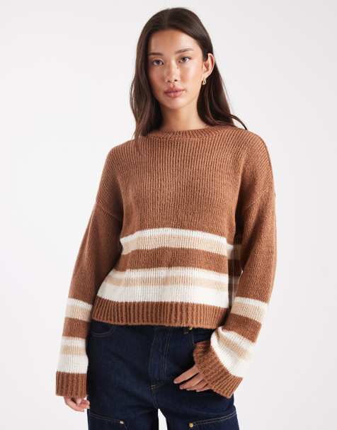ASOS DESIGN – Locker geschnittener Strickpullover in Beige mit Streifen - view 1
