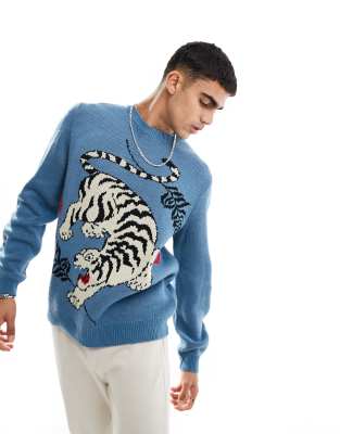 Locker geschnittener Strickpullover in Blau mit Tigermotiv Blau L