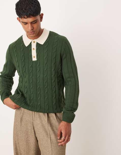 ASOS DESIGN – Locker geschnittener Strickpullover in Dunkelgrün mit Zopfmuster und Polokragen - view 1