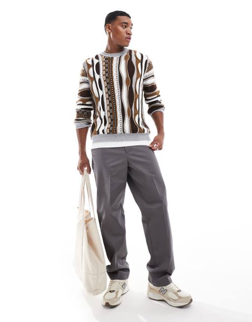 ASOS DESIGN – Locker geschnittener Strickpullover in gestreiftem Braun mit Struktur und Rundhalsausschnitt, 4 von 4