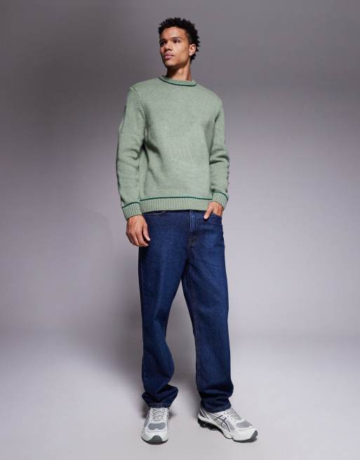ASOS DESIGN – Locker geschnittener Strickpullover in Grün mit Kontrastnaht und Rundhalsausschnitt, 2 von 5