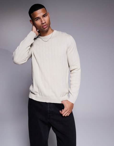 ASOS DESIGN – Locker geschnittener Strickpullover in Hellbeige mit breiter Rippenstruktur - view 1