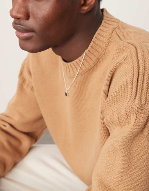 ASOS DESIGN – Locker geschnittener Strickpullover in Hellbraun mit Einsätzen mit Überwendlingsstich, 3 von 4