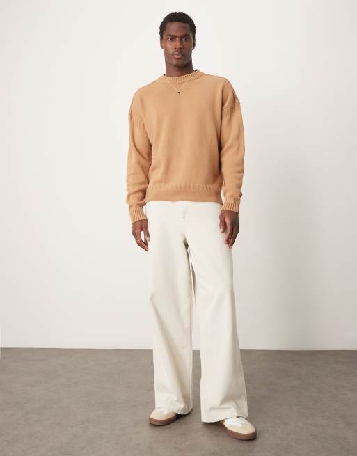 ASOS DESIGN – Locker geschnittener Strickpullover in Hellbraun mit Einsätzen mit Überwendlingsstich, 4 von 4