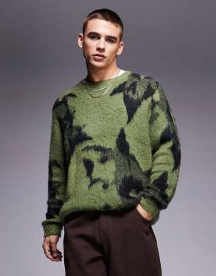 ASOS Design – Locker geschnittener Strickpullover in khaki mit Rundhalsausschnitt und Blumenmuster