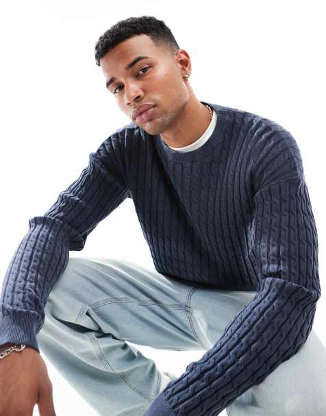 ASOS DESIGN – Locker geschnittener Strickpullover in verwaschenem Marineblau mit Zopfmuster - view 1