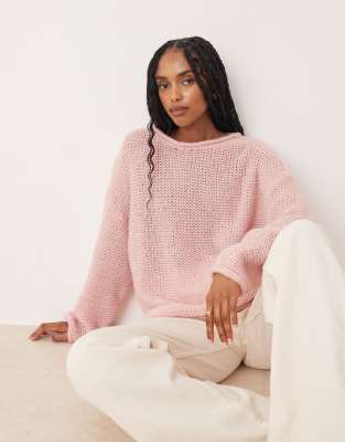 ASOS DESIGN - Locker geschnittener Strickpullover mit U-Boot-Ausschnitt und gerollten Abschlüssen in Hellrosa