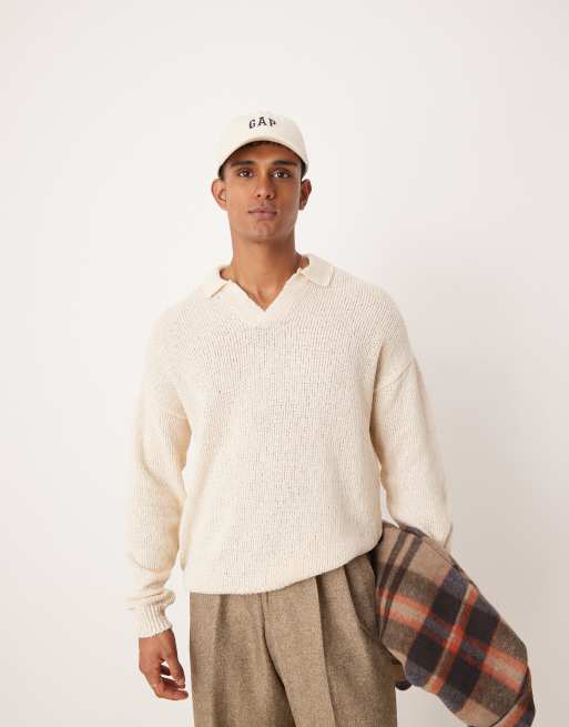 ASOS DESIGN – Locker geschnittener, strukturierter Strickpullover in Ecru mit Einkerbung am Ausschnitt, 4 von 4