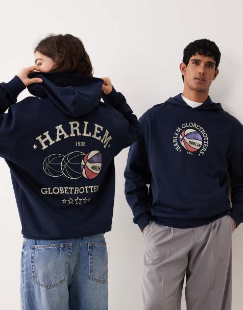 ASOS DESIGN – Locker geschnittener Unisex-Kapuzenpullover in Blau mit Harlem Globetrotters Basketball-Print - view 1