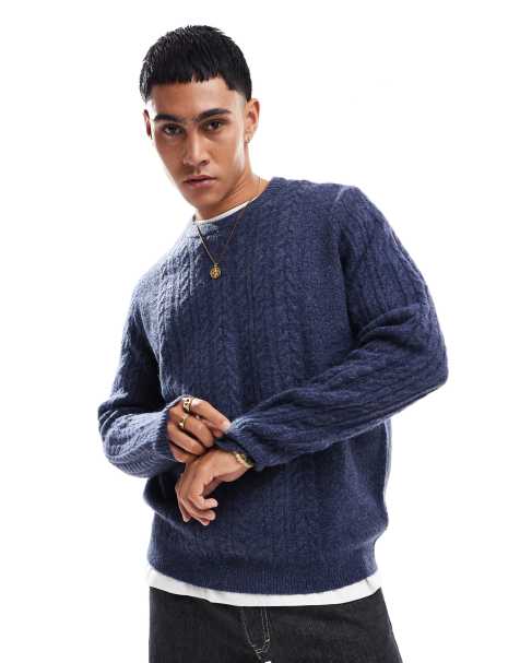 ASOS DESIGN – Locker geschnittener, weiter Strickpullover in Marineblau mit Zopfmuster und Rundhalsausschnitt - view 1