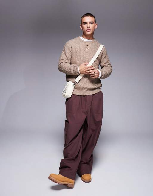 ASOS DESIGN – Locker geschnittener, weiter Strickpullover in Steinbeige mit Zopfmuster und Rundhalsausschnitt, 2 von 4