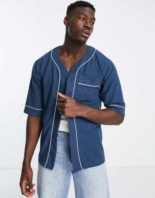 ASOS DESIGN – Locker geschnittenes Baseball-Hemd in Marineblau mit Waffelstruktur und kontrastierender Paspelierung in Weiß