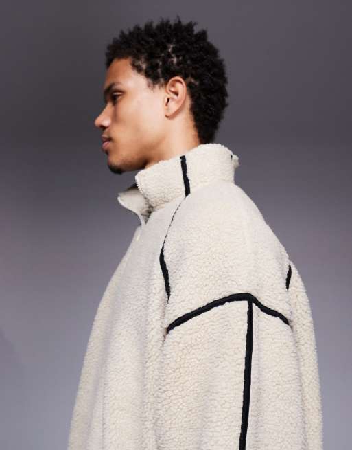 ASOS DESIGN – Locker geschnittenes Fleece-Sweatshirt in Beige mit Stehkragen und Einfassung, 4 von 5