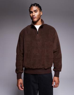 Locker geschnittenes Fleece-Sweatshirt in Braun mit Stehkragen und kurzem Reißverschluss-Brown Brown XL