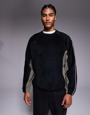 Locker geschnittenes Fleece-Sweatshirt in Grau mit Paspelierung und Colourblock-Design-Schwarz Schwarz 2XL