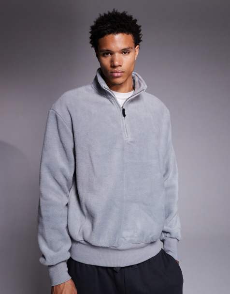 ASOS DESIGN – Locker geschnittenes Fleece-Sweatshirt in Grau mit Stehkragen und kurzem Reißverschluss - view 1